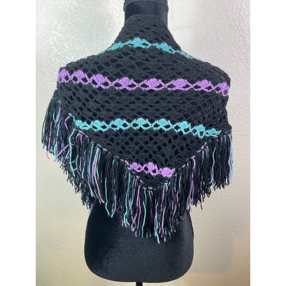 Womens Handmade Free Size Crochet Shawl Black Teal Purple Fringe Boho Wrap Layer